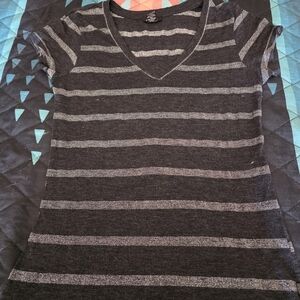 Rue21 Black and Gray Striped V-Neck Tee